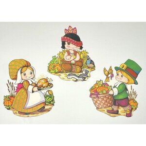 3x VTG BEISTLE CO. Paper THANKSGIVING Window Decorations Turkey Pilgrim Indian